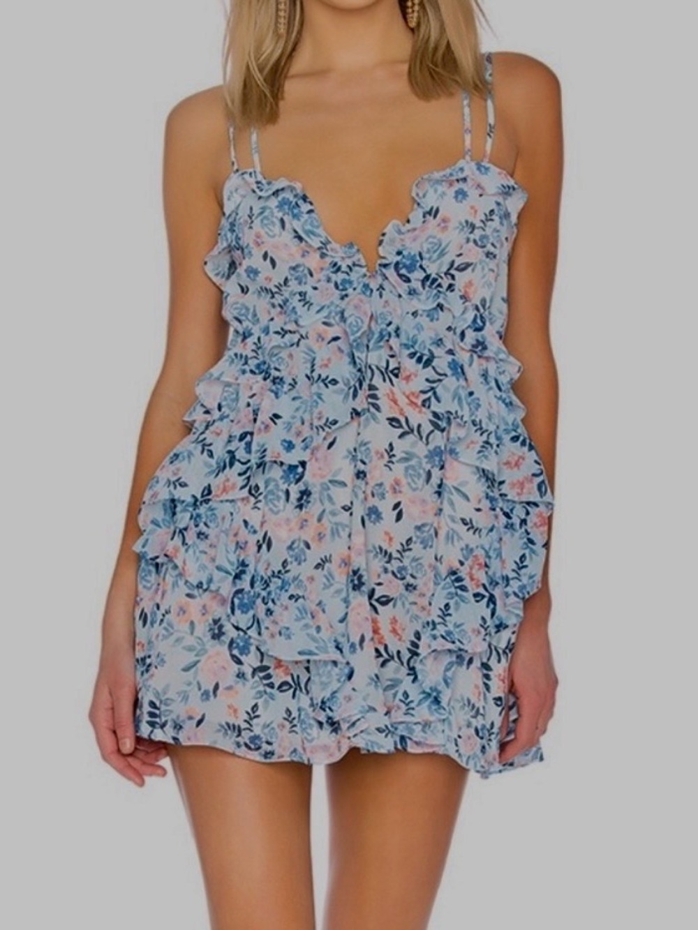 Lovers + Friends Light Blue Floral Ruffle Mini Dress